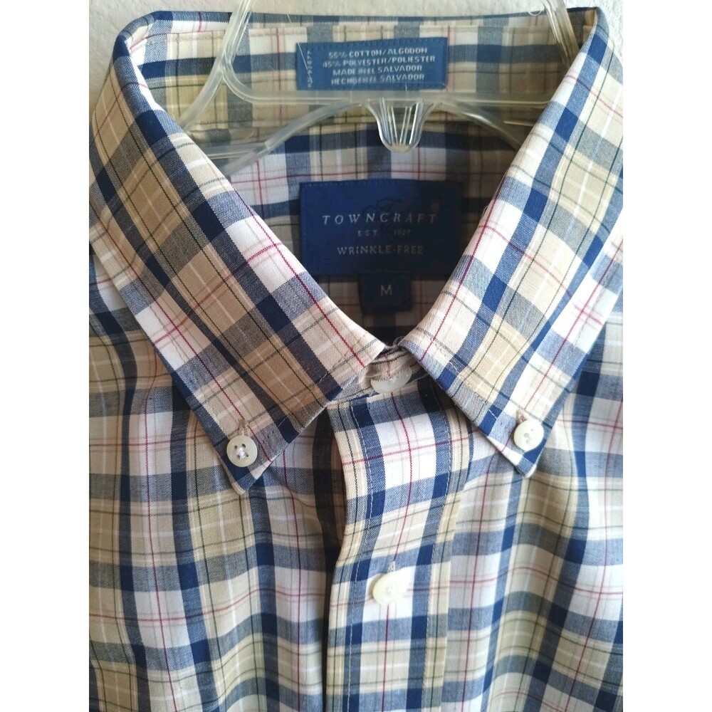 TownCraft Shirt New! Short Sleeve Wrinkle Free Tan Blue Stripe Cotton/Polyester